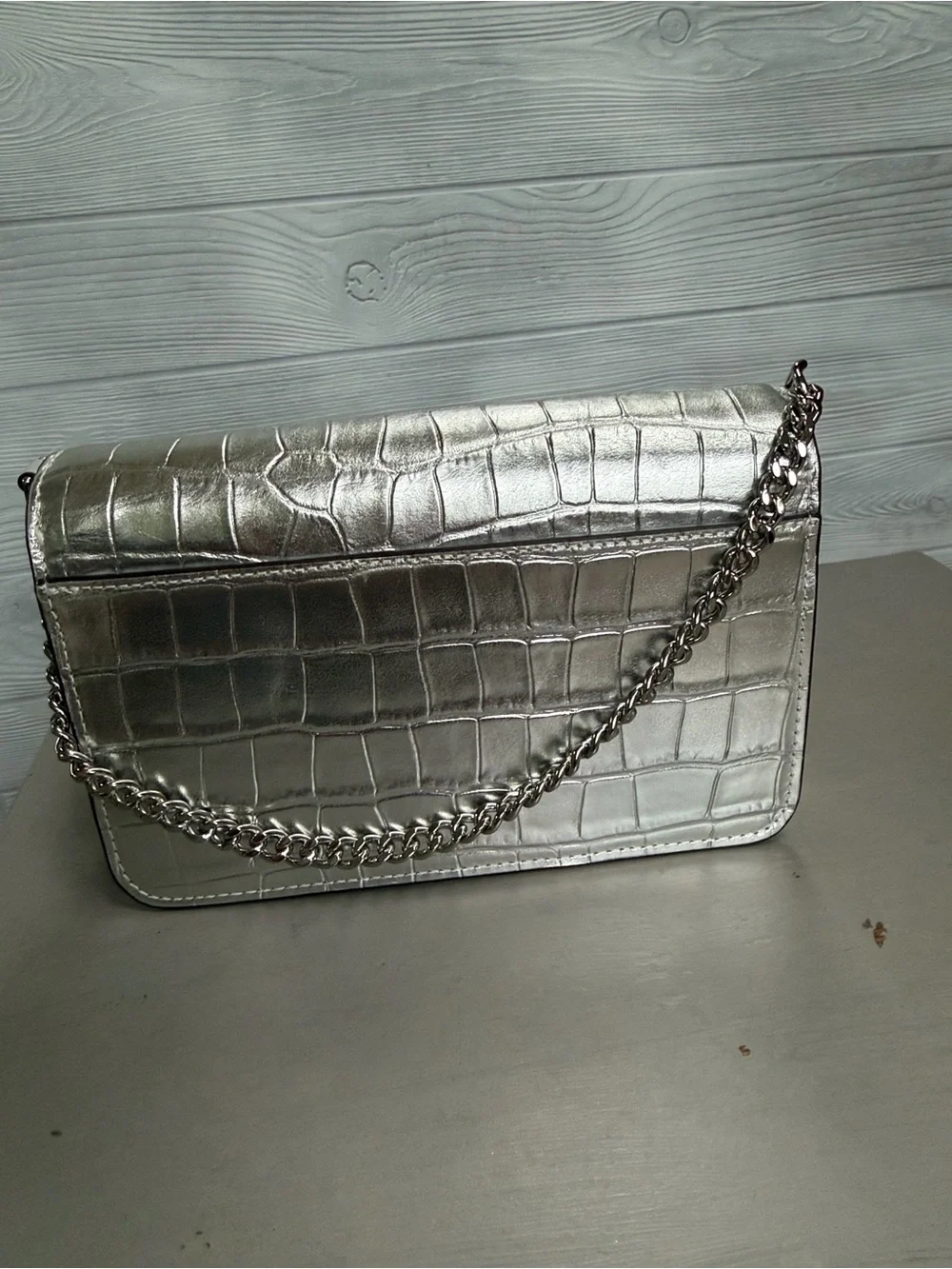 kate spade Metallic Silver Croc-Embossed Chain Crossbody Bag
